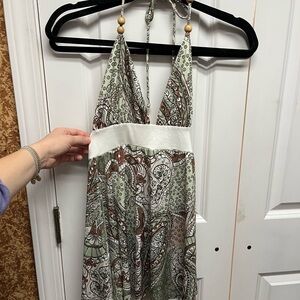 Y2K Printed Halter Top with Wood Bead Detail